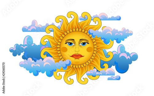 Big hot gold sun on clouds.