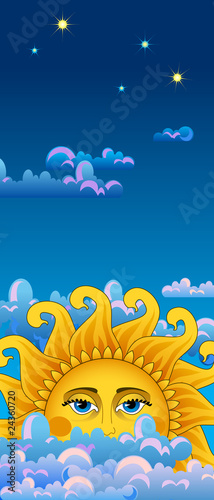 Vertical blue banner. Big hot gold sun on clouds.