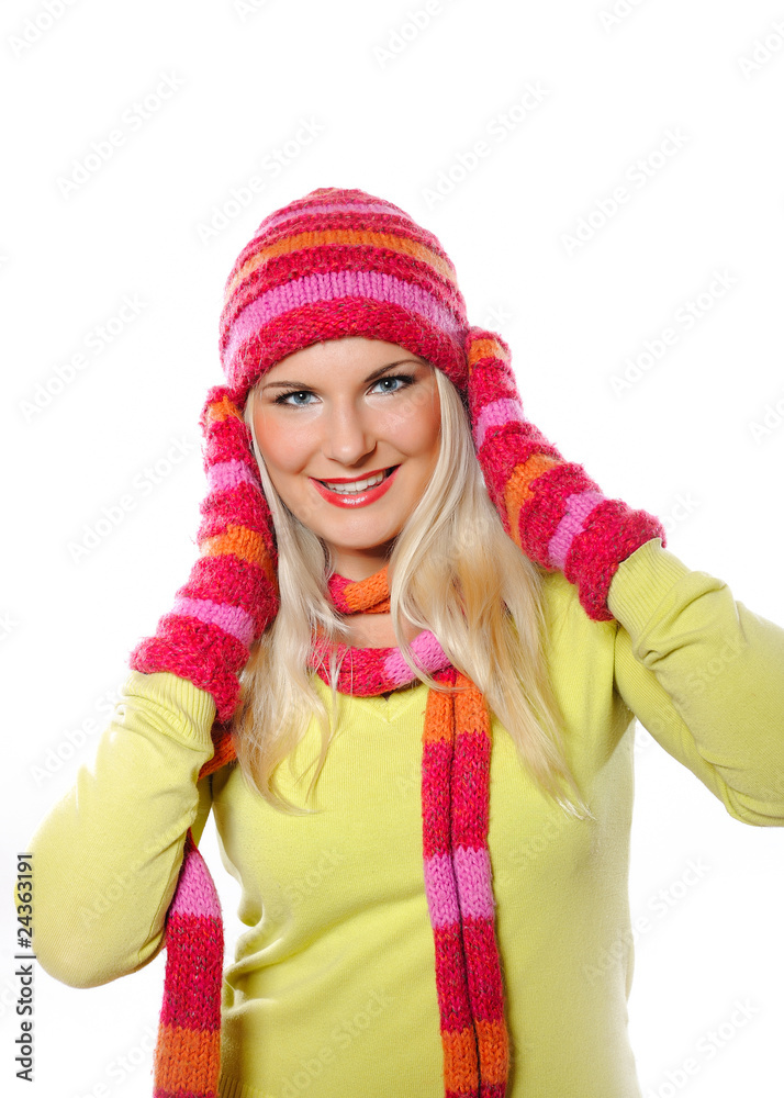Seasonal portrait of pretty funny woman in hat and gloves smilin Seasonal portrait of pretty funny woman in hat and gloves smilin