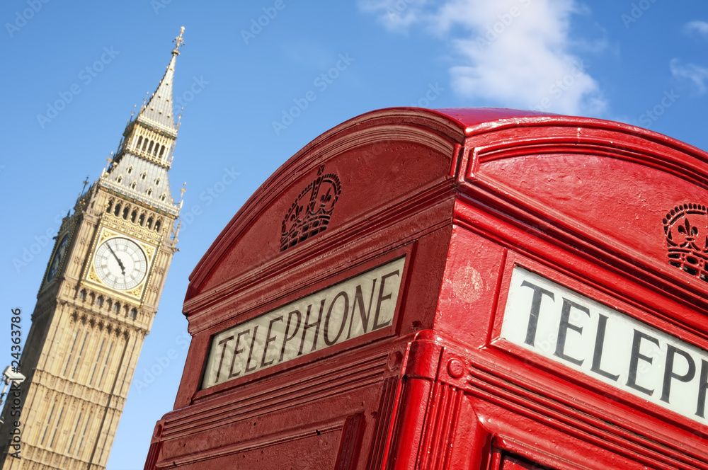 Red Telephone box and Big Ben, London.