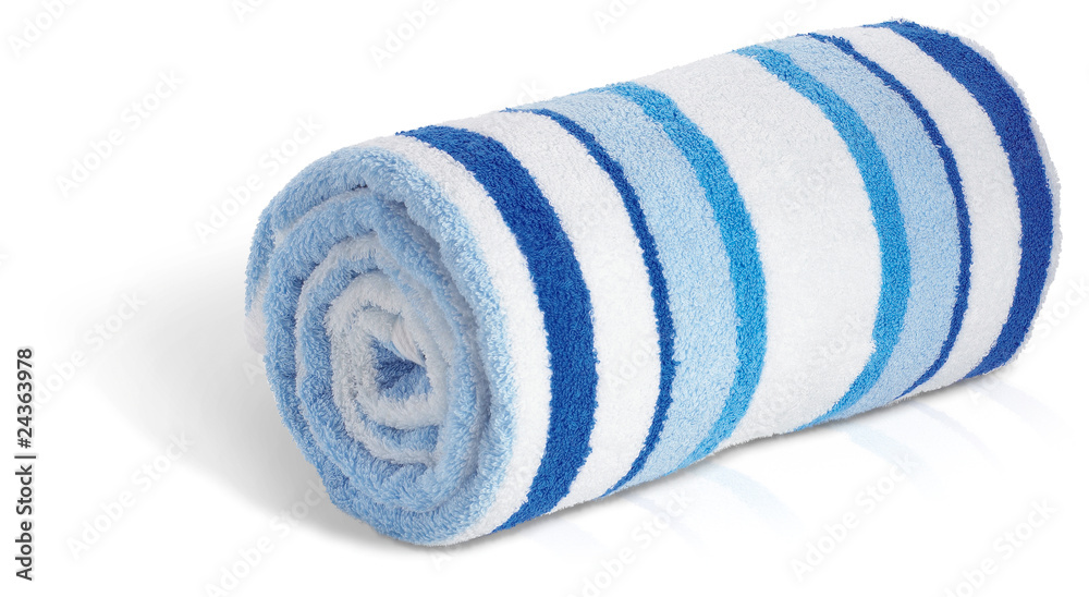 rolled up blue and white beach towel on a white background Photos | Adobe  Stock