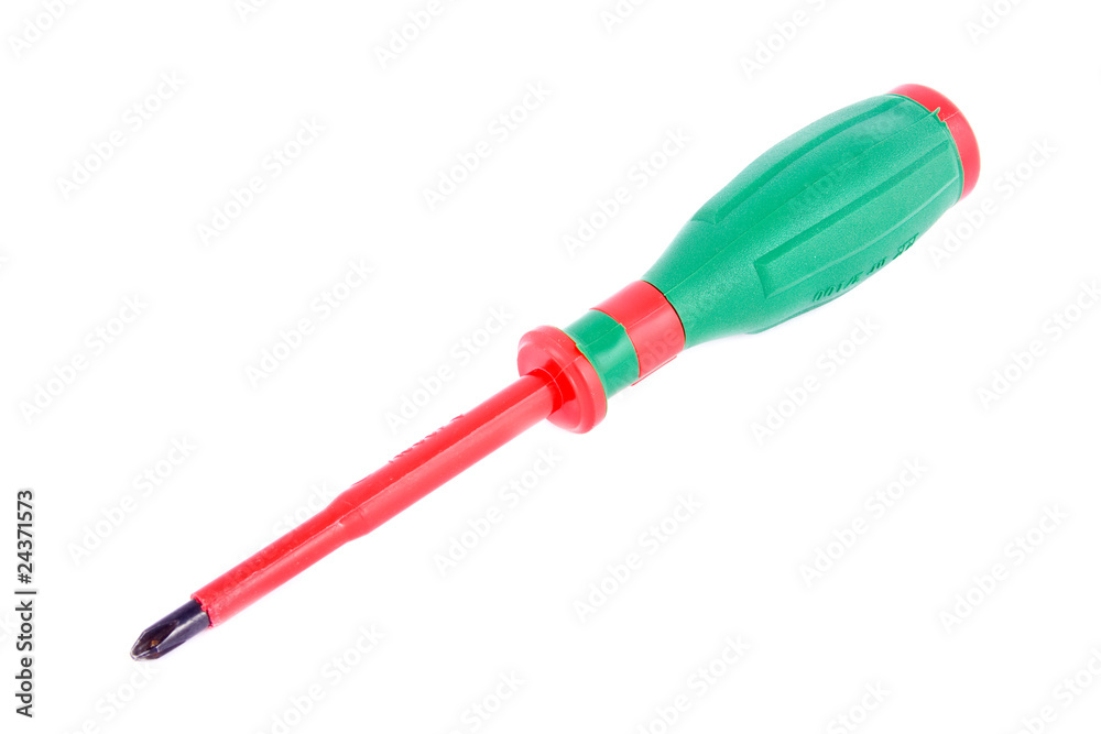 Screwdriver with green handlebar isolated on white background