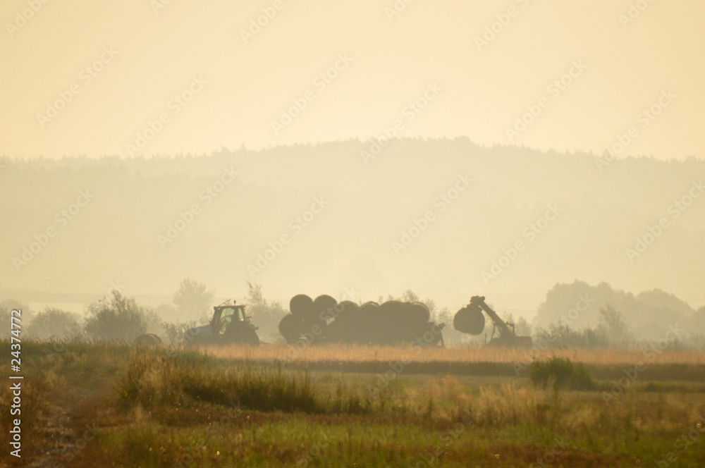 Fototapeta premium Loading Bales at Dawn