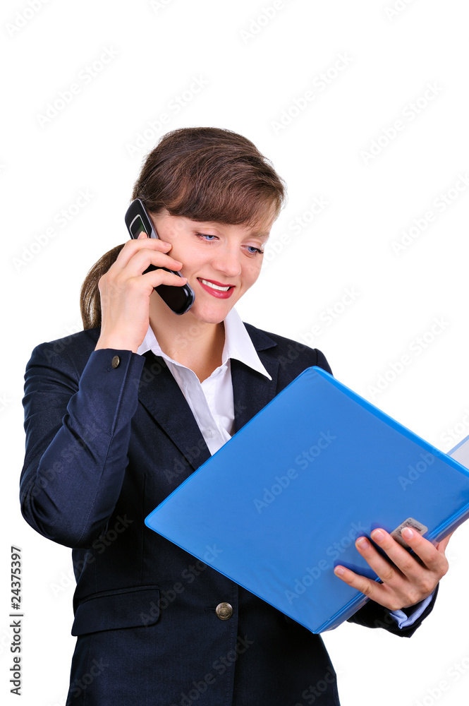 Attractive businesswoman with cellphone and folders Attractive businesswoman with cellphone and folders