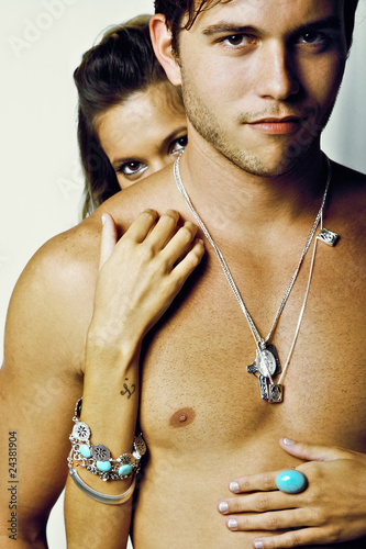 young couple male female silver jewelry model photo