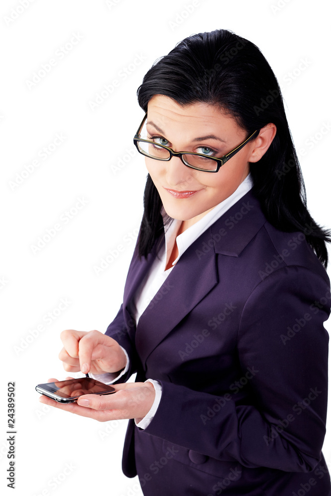 business woman with smartphone, sceptical business woman with smartphone, sceptical