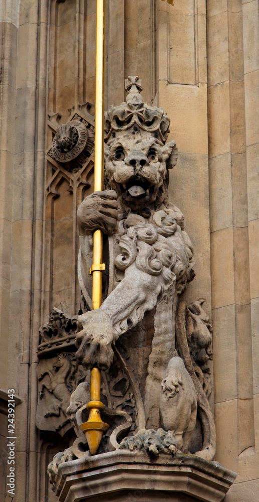 Lion. Facade detail. Houses of Parliament. London. UK.