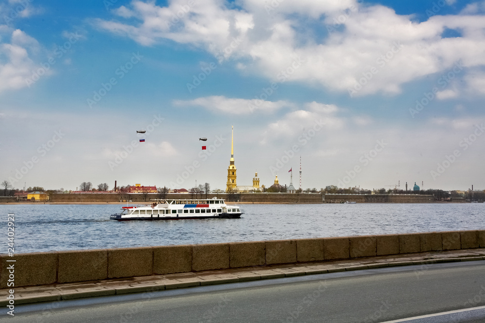 The road along the Neva River. St. Petersburg, Russia