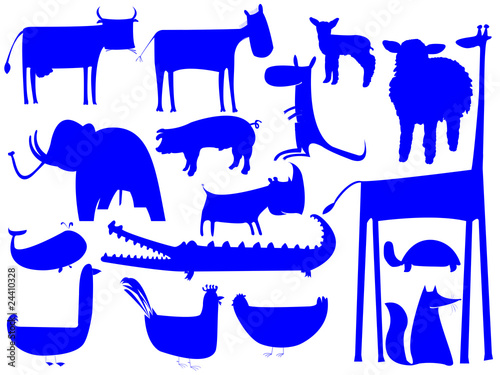 animal blue silhouettes isolated on white background