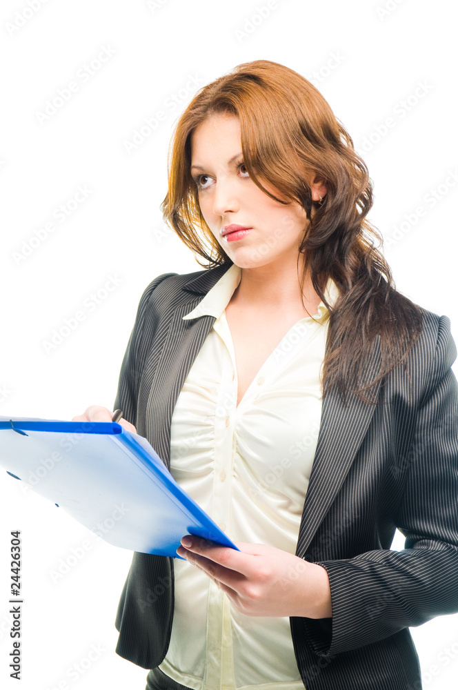 isolated business woman holding a portfolio over white isolated business woman holding a portfolio over white