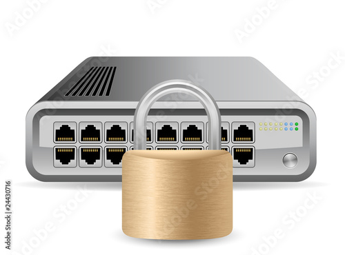 Network Security Concept.  Network Router and Padlock.