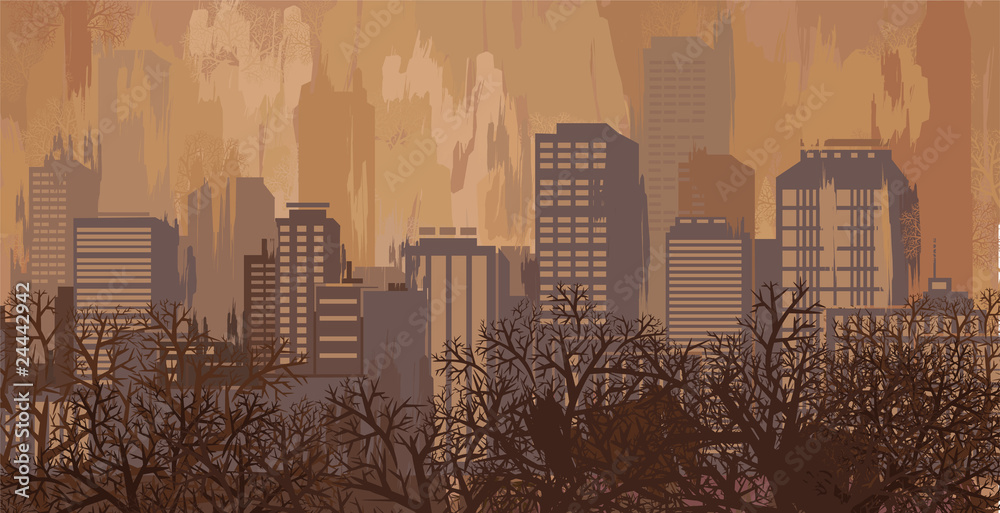 Autumn landscape in brown colors, city skyline