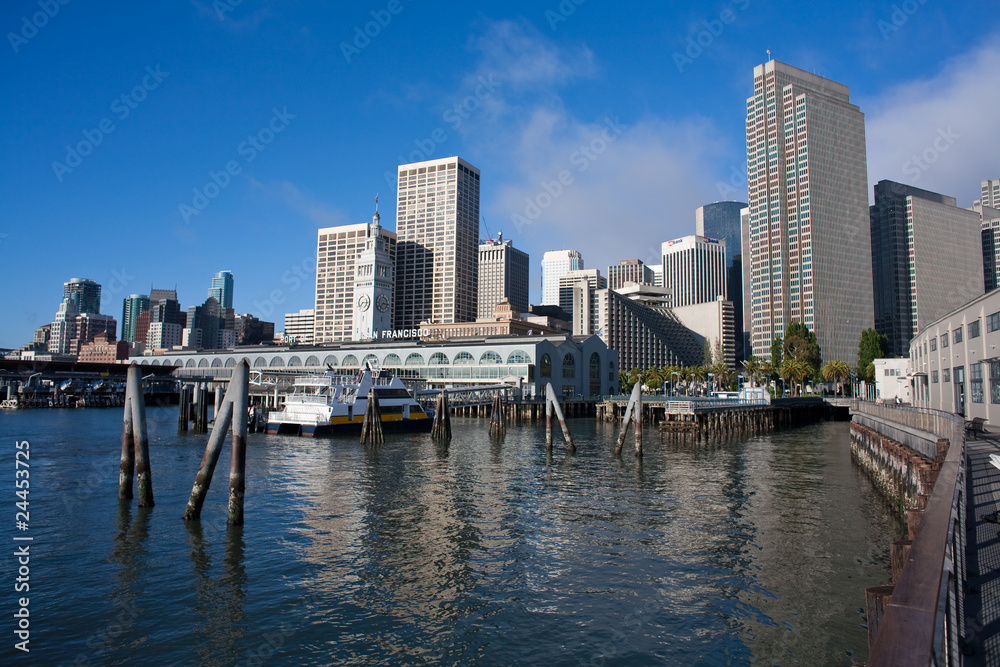 the Ferry Building and skyscraper in San Francisco