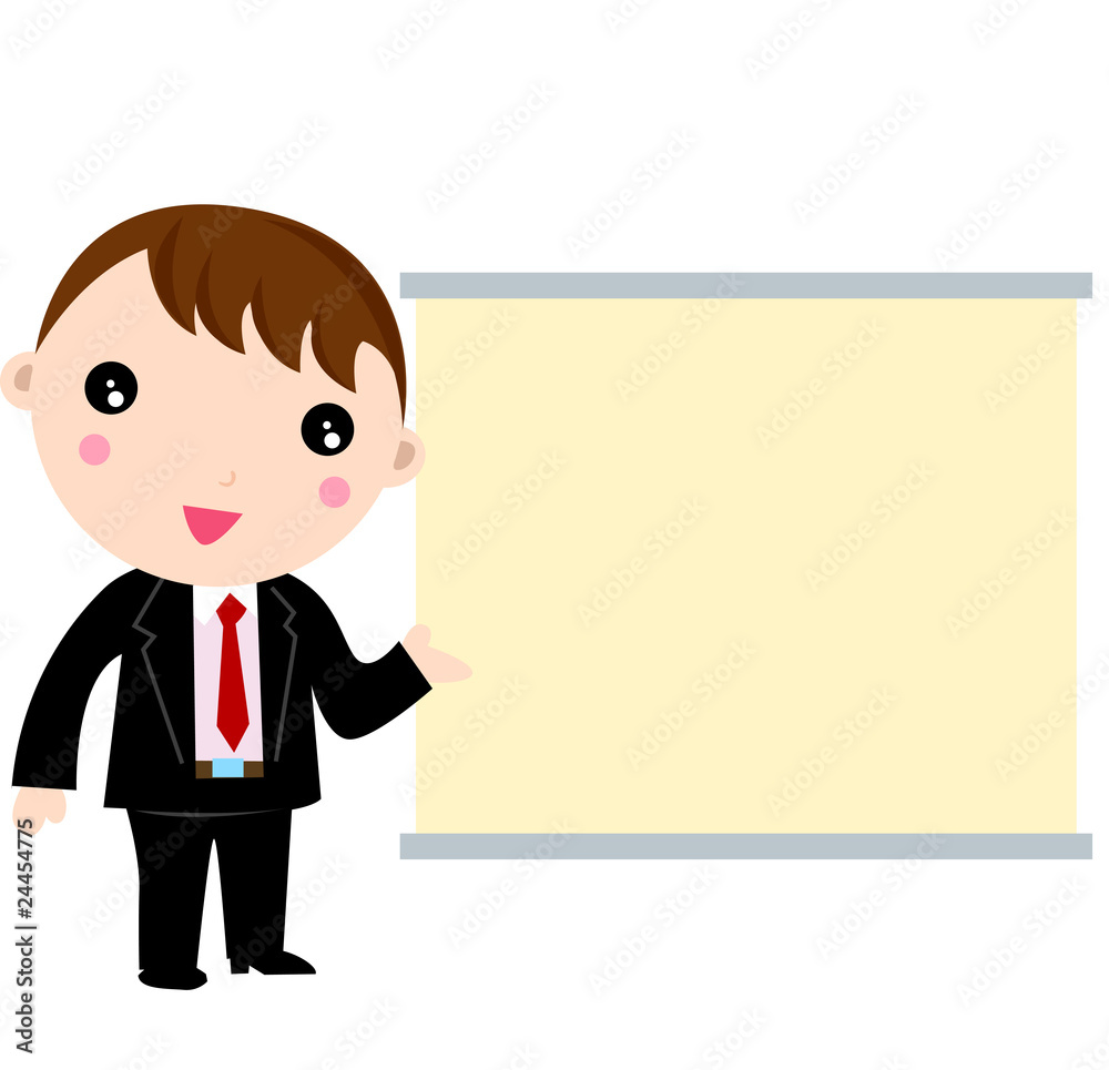 Speaking businessman pointing at blank placard