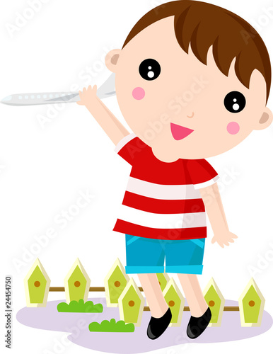 Little boy having fun, smiling and running with a toy airplane