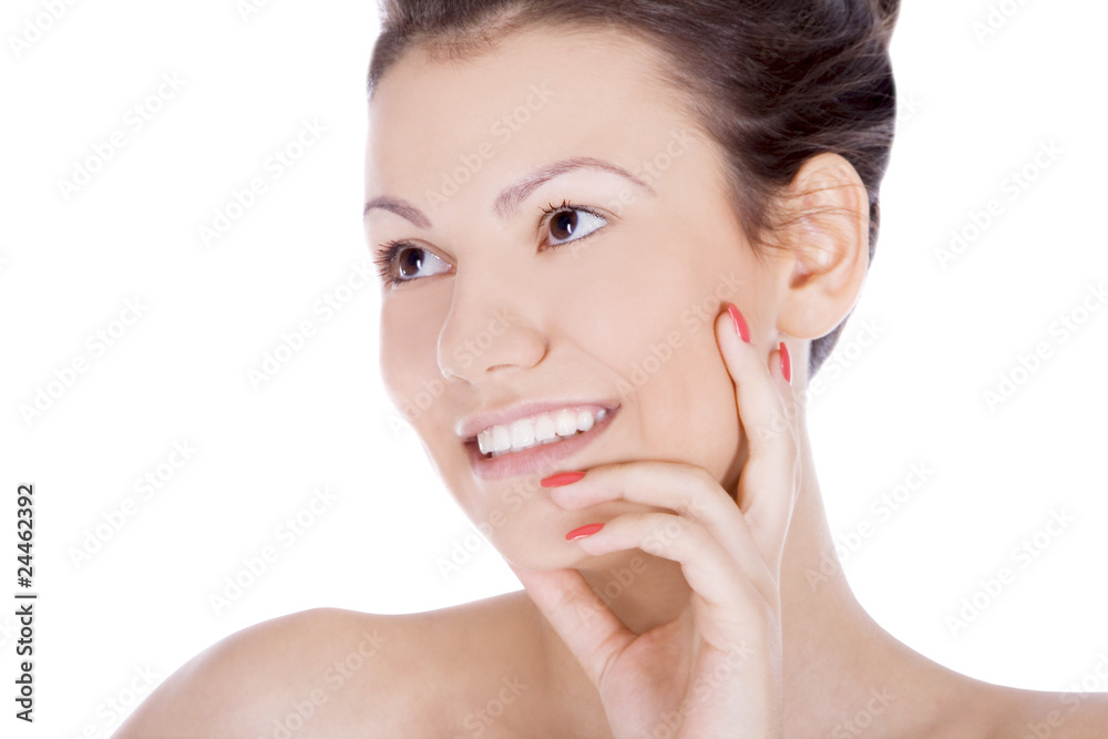 Brightly picture of smiling brunette over white Brightly picture of smiling brunette over white