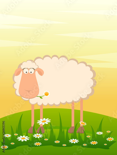 Landscape background with cartoon smiling sheep