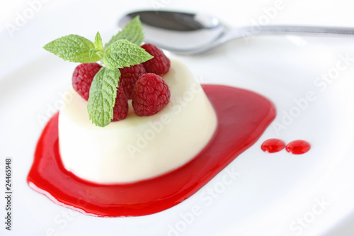 Obraz na plátně Panna cotta with Raspberry Sauce , Italian dessert
