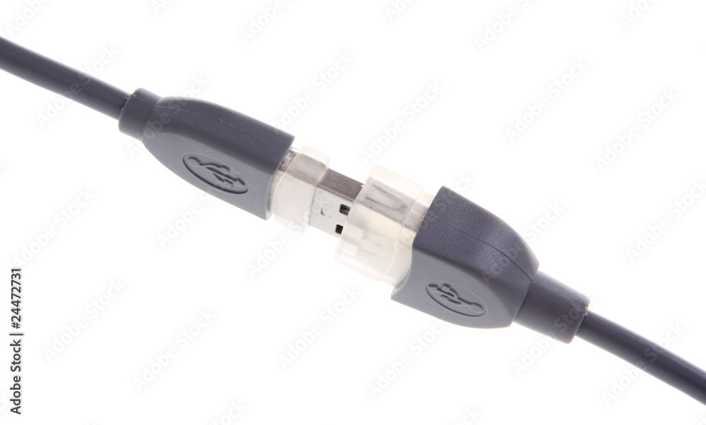Two computer usb cables connected, isolated on white background Two computer usb cables connected, isolated on white background