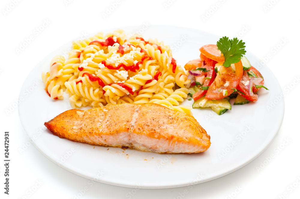 salmon served with pasta and salad salmon served with pasta and salad