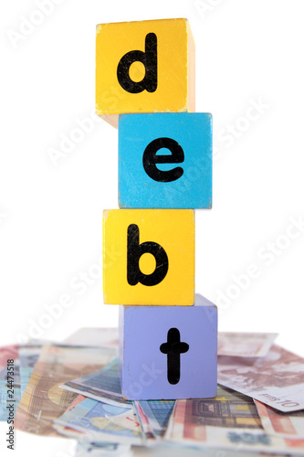 money debt in toy play block letters