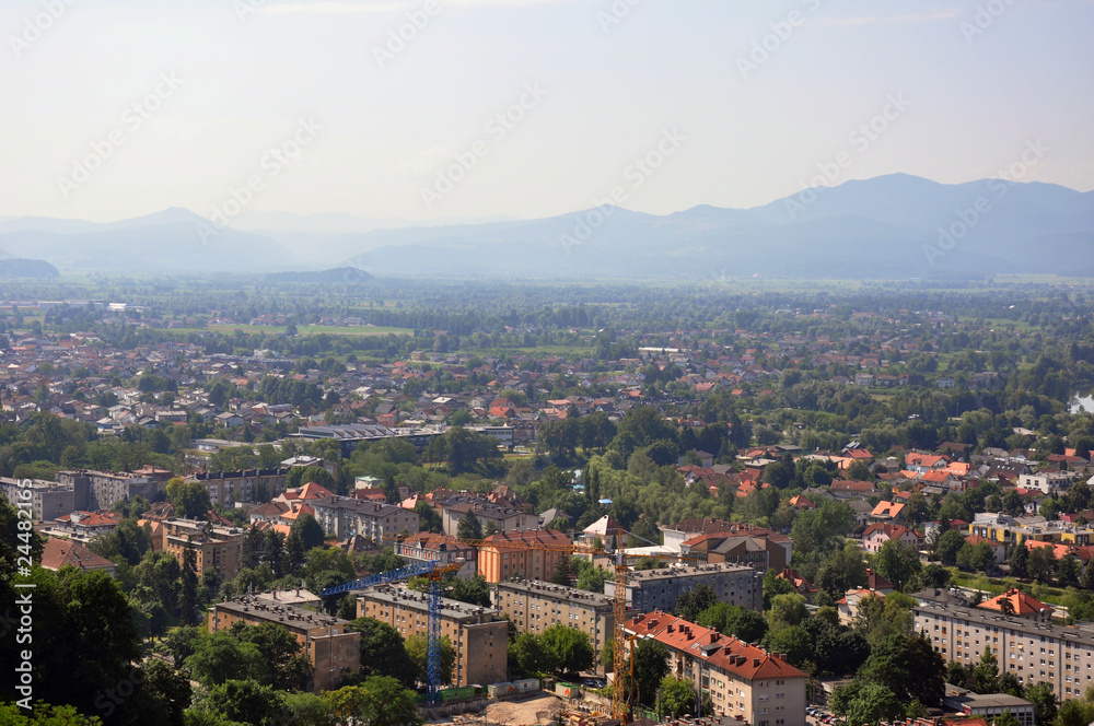 View over Ljubljana and foggy mountain horizon