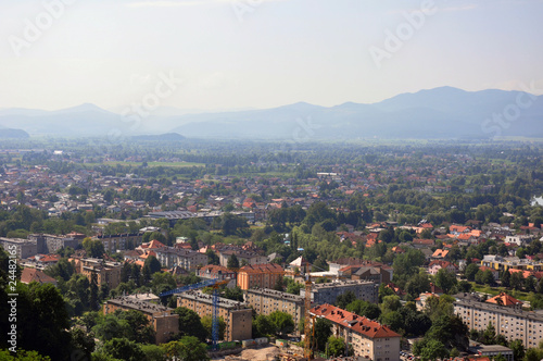 View over Ljubljana and foggy mountain horizon