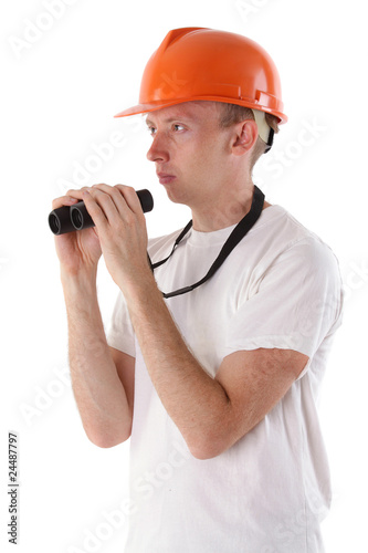worker with binoculars isolated on white