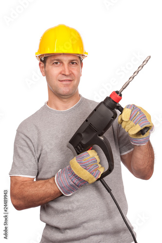 Blue collar worker holding a pneumatic hammer