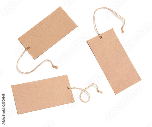 Blank tags tied with brown string