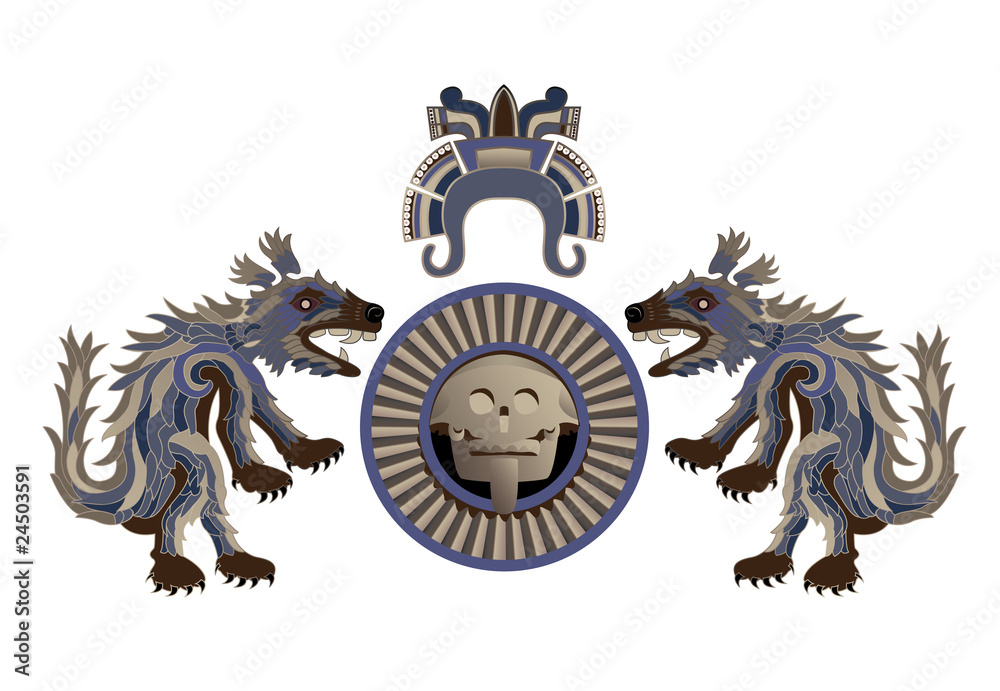 Aztec arms with feathery coyote and the sun of the dead Aztec arms with feathery coyote and the sun of the dead