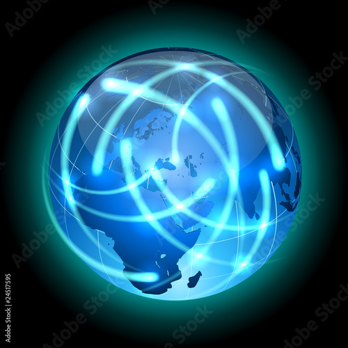 Communication concept. Light traces around globe.