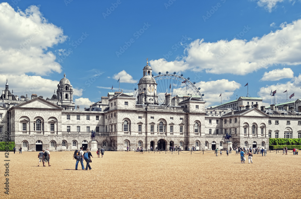 Horse Guards Parade,  with the London Eye in the background.