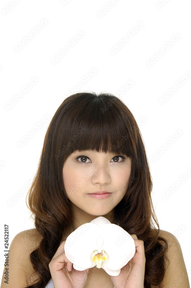 portrait of lovely woman with white orchids portrait of lovely woman with white orchids