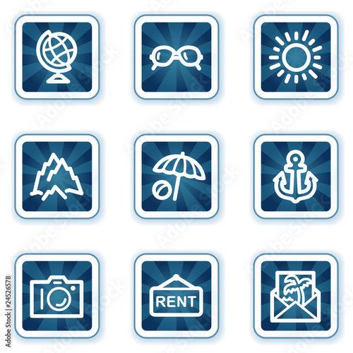 Travel web icons set 5, navy square buttons