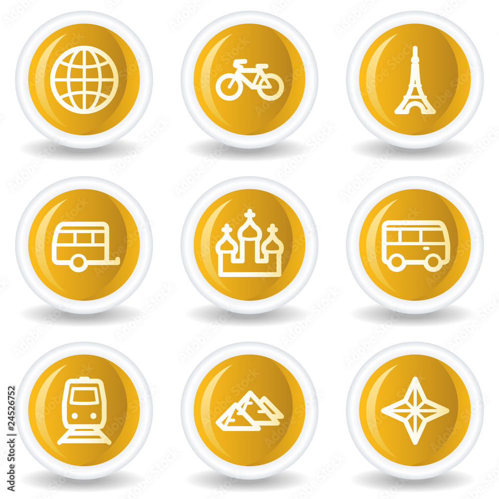 Travel web icons set 2, yellow glossy circle buttons Travel web icons set 2, yellow glossy circle buttons