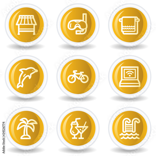 Vacation web icons, yellow glossy circle buttons