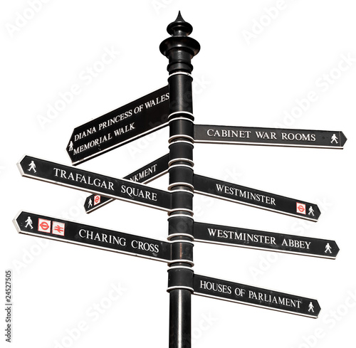 Sign with directions to London's landmarks isolated on white