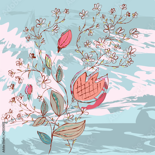 Grunge background with flowers and branches