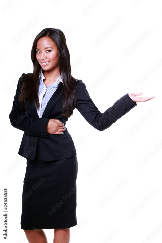 asian business woman smiling with an empty palm isolated asian business woman smiling with an empty palm isolated