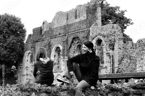 happy tourists on ruins