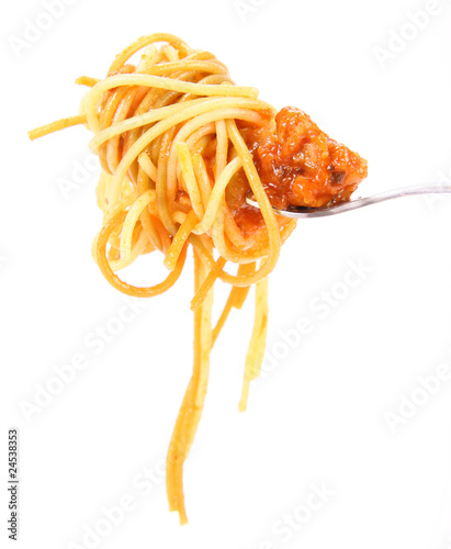 Spaghetti with sauce bolognese hanging on a fork