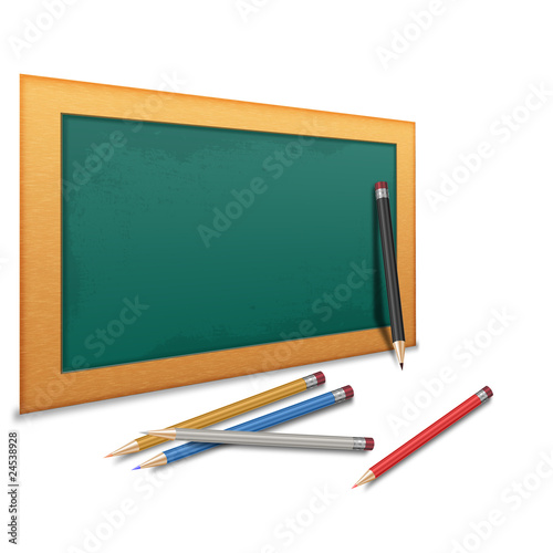 Blank Green Chalkboard with pencils