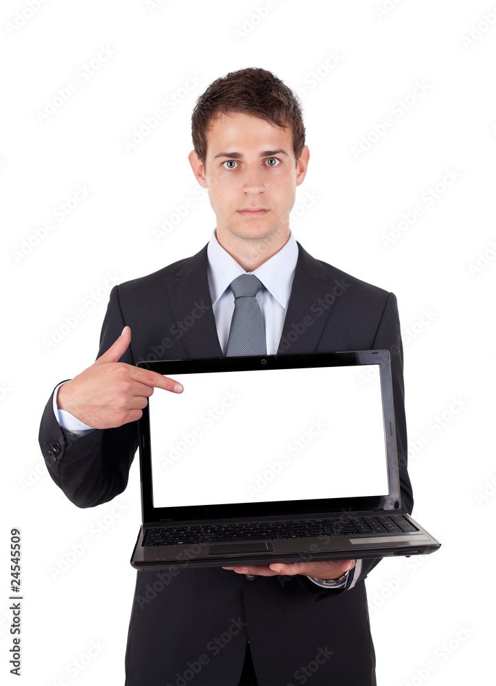 Business man pointing at a laptop computer Business man pointing at a laptop computer