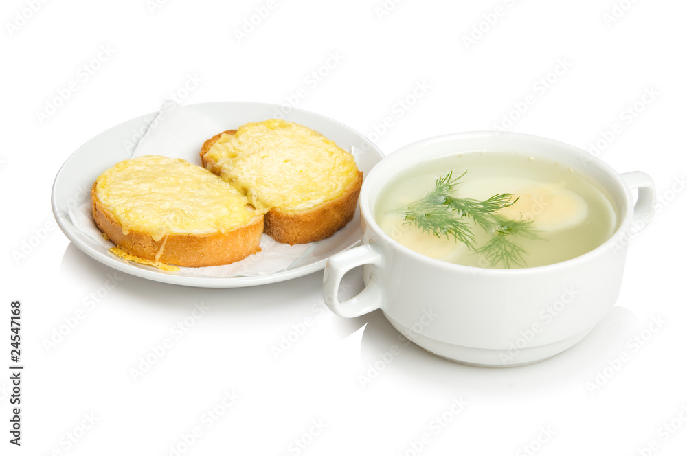 Bouillon with eggs and cheese croutons Bouillon with eggs and cheese croutons