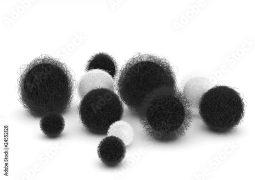 3d black and white fur balls