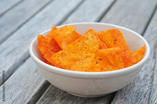 White bowl with paprika dorito's, shallow dof