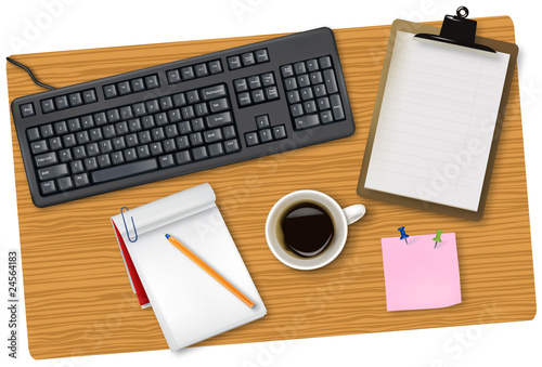 Grey keyboard and some office supplies. Vector.