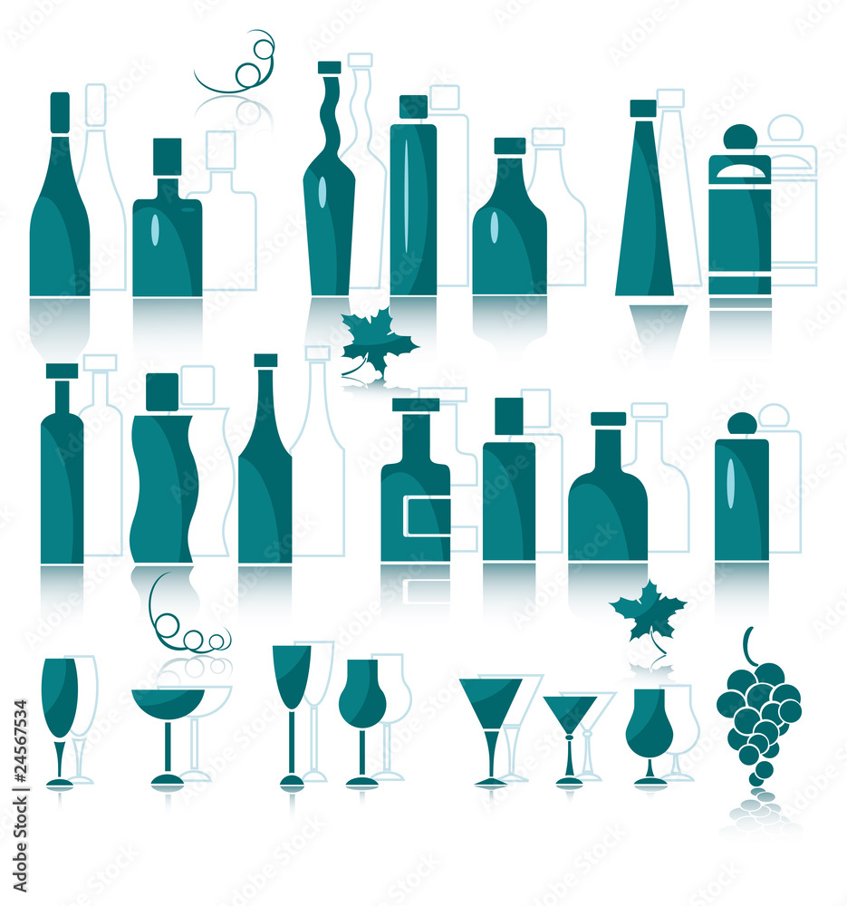 Icons of wine bottles, goblets and vine elements Icons of wine bottles, goblets and vine elements