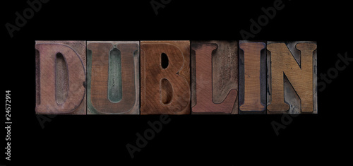 Photography the word Dublin in old letterpress wood type